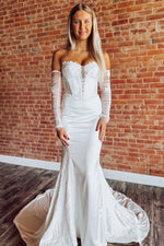 Sweetheart Mermaid Satin Wedding Dresses Beach Lace Long Sleeves Bride Wedding Gowns