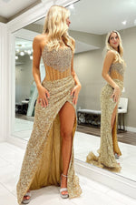 Mermaid Scoop Neck Gold Sequin Slit Prom Dress with Beading