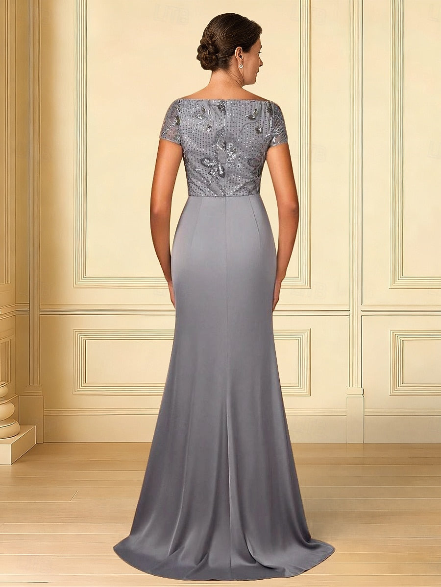 Half Sleeves Mother of Bride Mermaid Floor-Length Sequins Applique Evening Sleeve