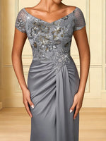 Half Sleeves Mother of Bride Mermaid Floor-Length Sequins Applique Evening Sleeve