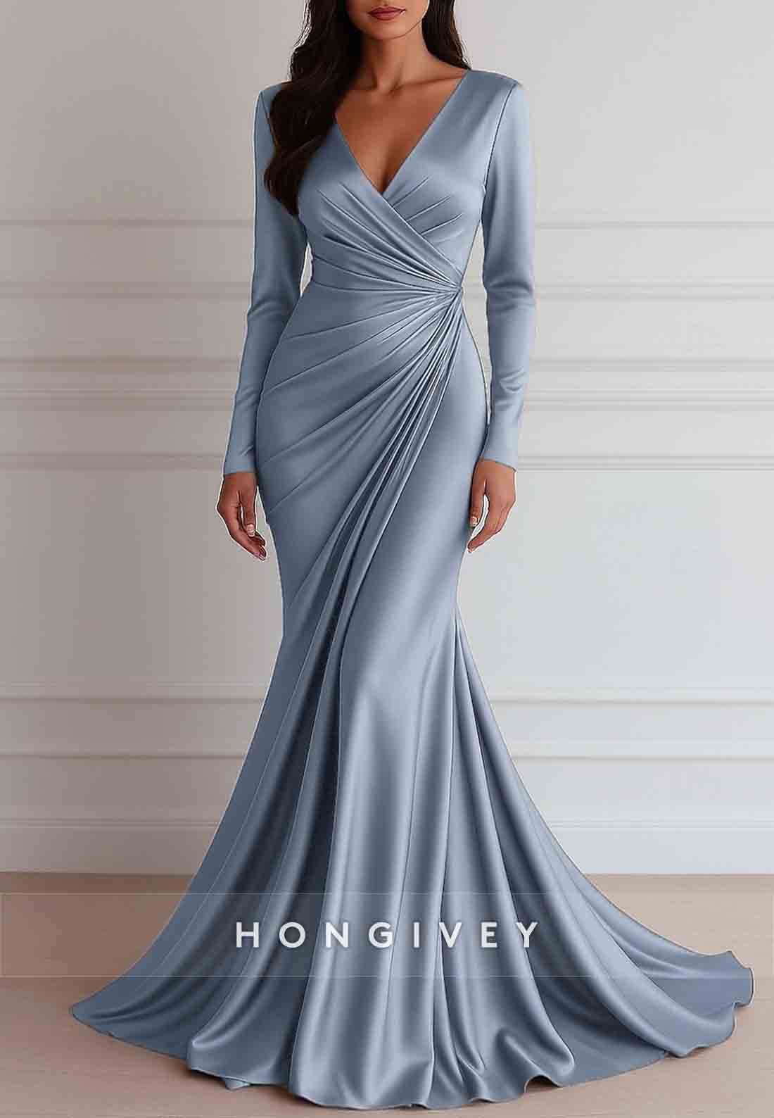 Elegant Floor Length Long Sleeve V Neck Mermaid Evening Gown with Pleats