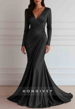 Elegant Floor Length Long Sleeve V Neck Mermaid Evening Gown with Pleats