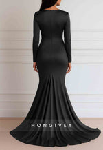 Elegant Floor Length Long Sleeve V Neck Mermaid Evening Gown with Pleats