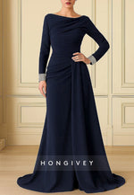 Trumpet Evening Gown Sweep Train Crystal Embellished Long Sleeve Formal Dress