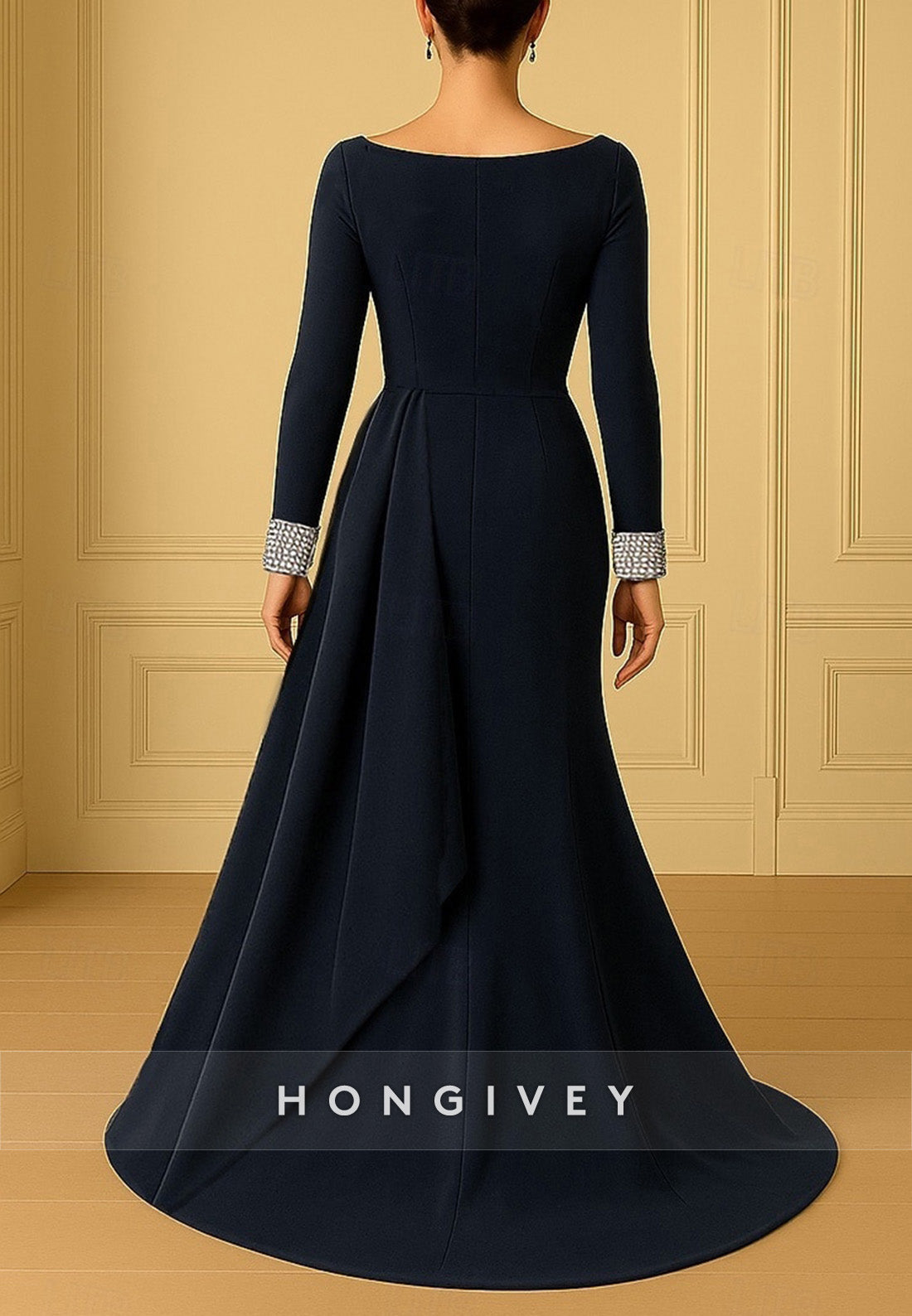 Trumpet Evening Gown Sweep Train Crystal Embellished Long Sleeve Formal Dress