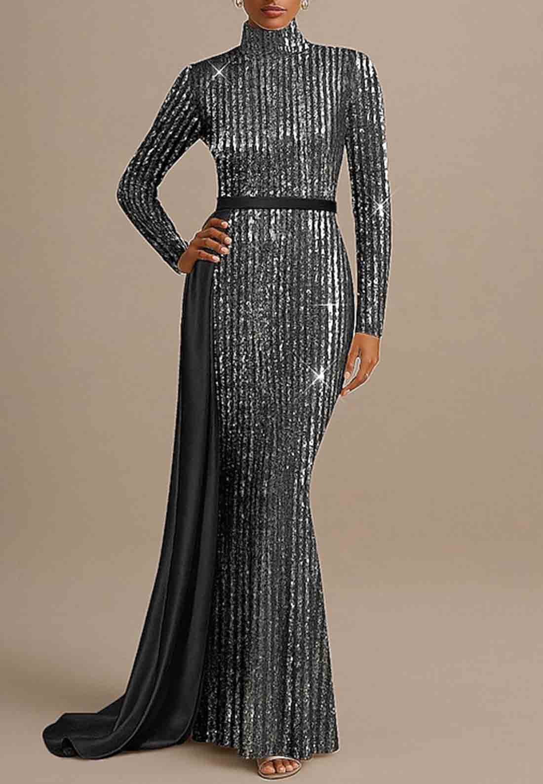 Sparkle Long Sleeve High Neck Sequined Mermaid Floor Length Evening Gown with Glitter