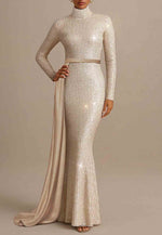 Sparkle Long Sleeve High Neck Sequined Mermaid Floor Length Evening Gown with Glitter