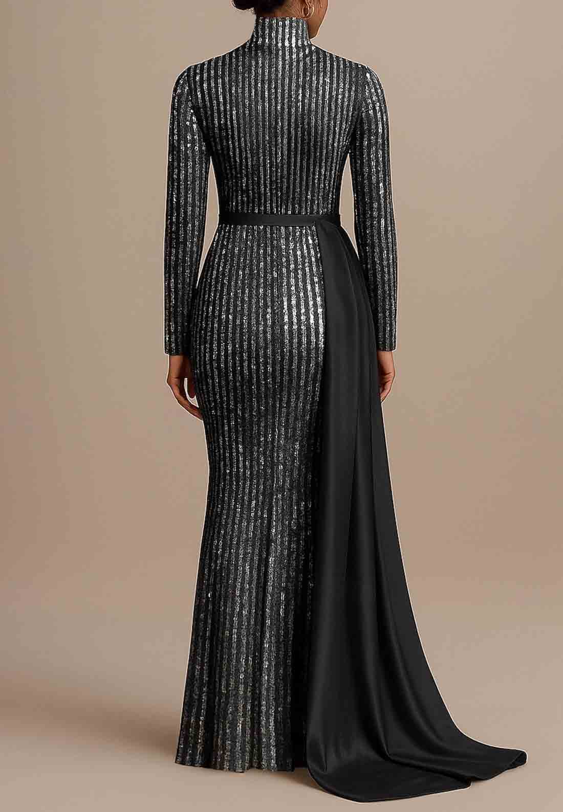 Sparkle Long Sleeve High Neck Sequined Mermaid Floor Length Evening Gown with Glitter