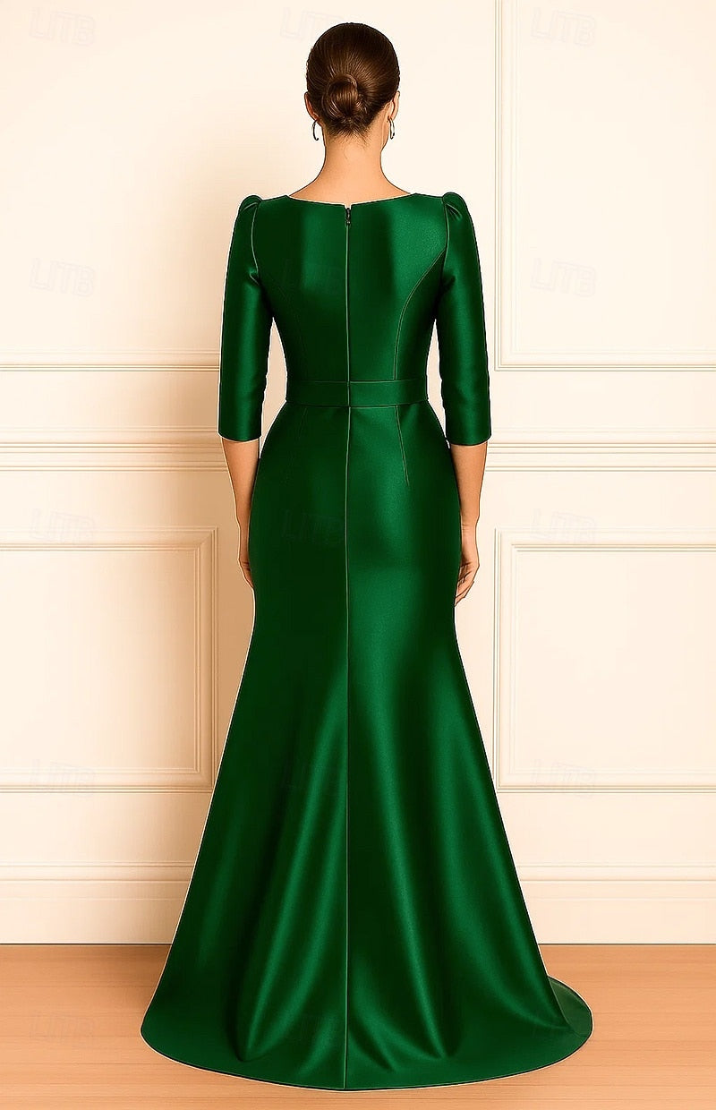 Bow Mermaid 3/4 Sleeve Floor-Length Formal Evening Dress