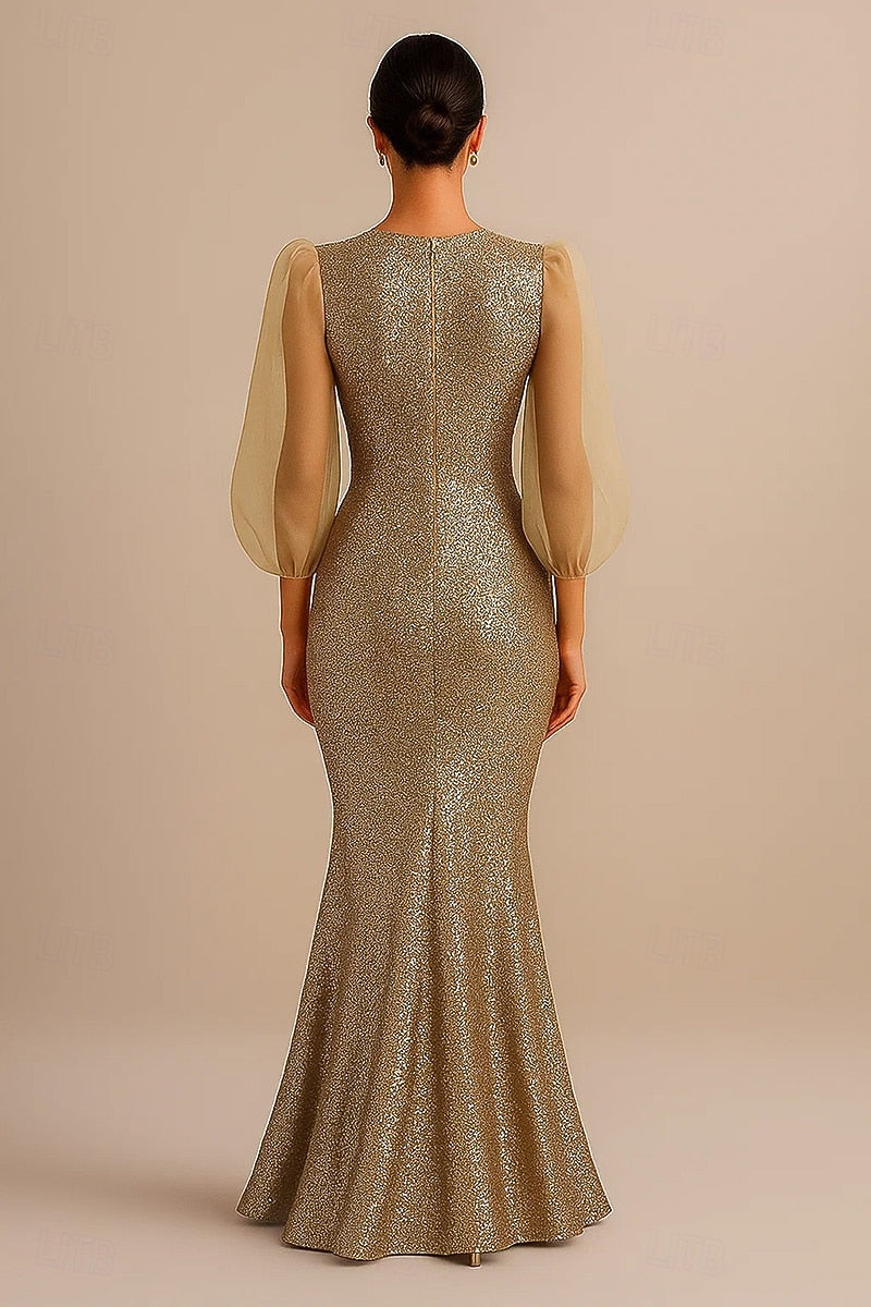 Glitter Sequins Sparkle Mermaid Long Sleeve Floor-Length Evening Dress
