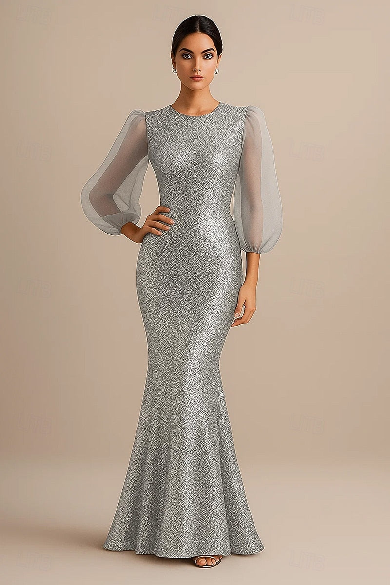 Glitter Sequins Sparkle Mermaid Long Sleeve Floor-Length Evening Dress