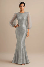 Glitter Sequins Sparkle Mermaid Long Sleeve Floor-Length Evening Dress