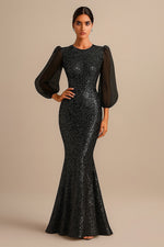 Glitter Sequins Sparkle Mermaid Long Sleeve Floor-Length Evening Dress