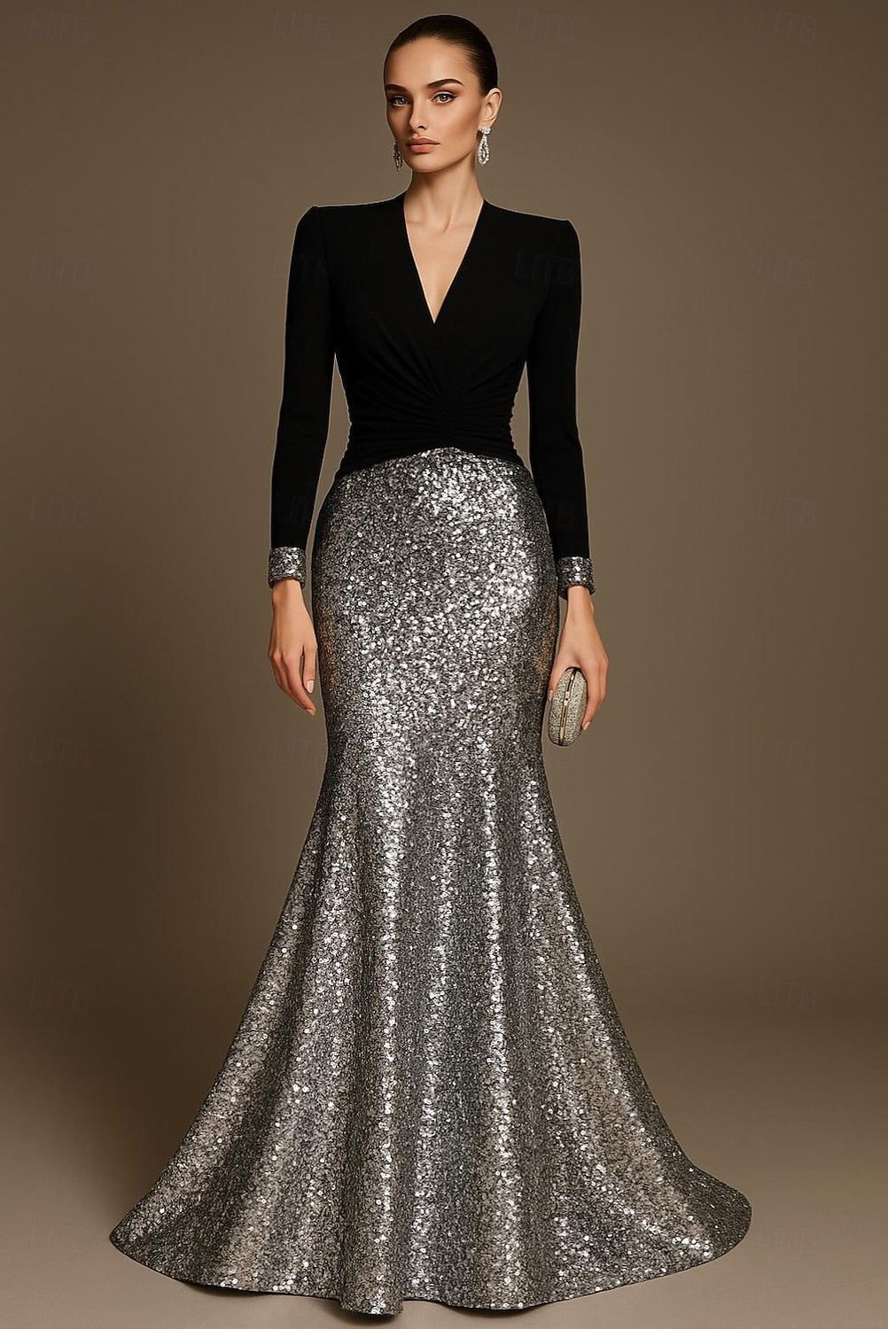 V-Neck Long Sleeves Mermaid Sequined with Glitter Evening Gown