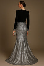 V-Neck Long Sleeves Mermaid Sequined with Glitter Evening Gown