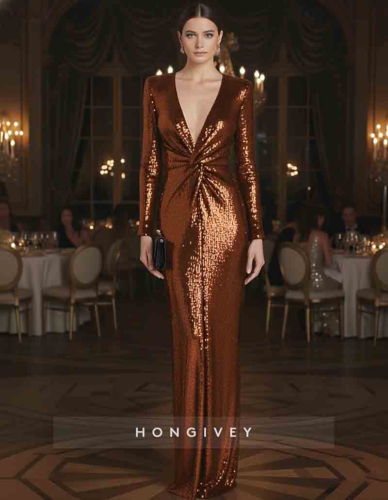 Sequined V Neck Mermaid Evening Gown Glittering