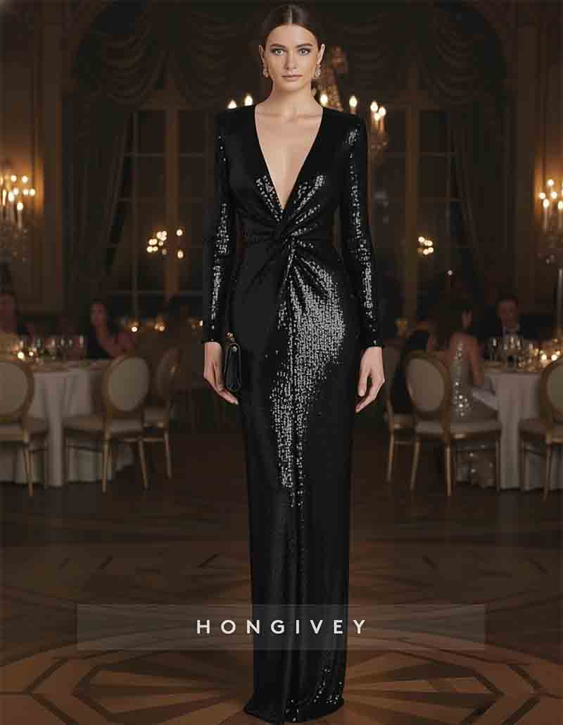 Sequined V Neck Mermaid Evening Gown Glittering
