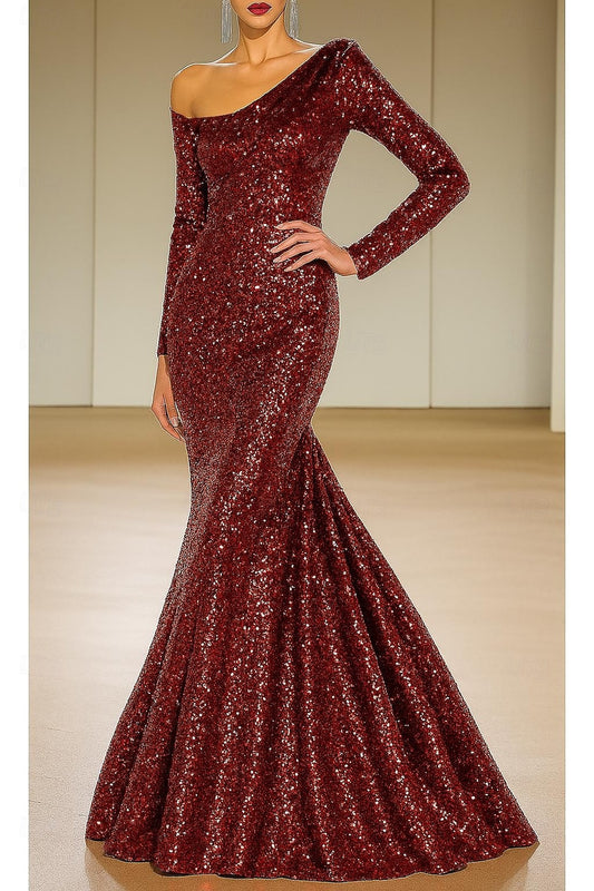 One Shoulder Long Sleeve Sequins Sparkle Mermaid Floor-Length Evening Dress