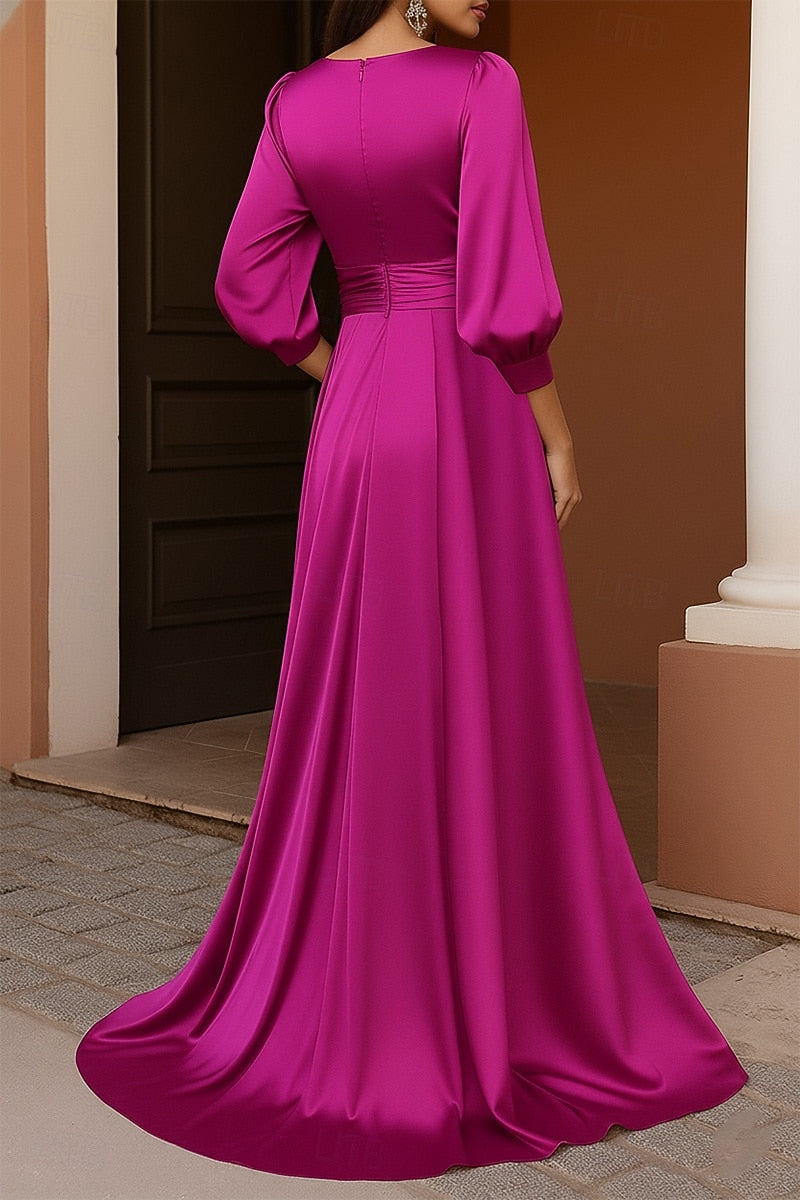 Ruched V-Neck 3/4 Sleeve Mermaid Floor-Length Side Slit Evening Dress