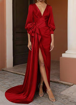 Ruched V-Neck 3/4 Sleeve Mermaid Floor-Length Side Slit Evening Dress