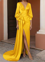 Ruched V-Neck 3/4 Sleeve Mermaid Floor-Length Side Slit Evening Dress