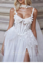 Tulle A-Line Regular Straps Appliqued Sleeveless Wedding Dresses with High Slit