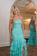 Mint Green Mermaid Strapless Lace Top Long Tiered Prom Dress