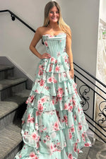 Mint Green Watercolor Floral Strapless Prom Dress with Sweetheart Tiered Chiffon Train