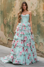 Mint Green Watercolor Floral Strapless Prom Dress with Sweetheart Tiered Chiffon Train