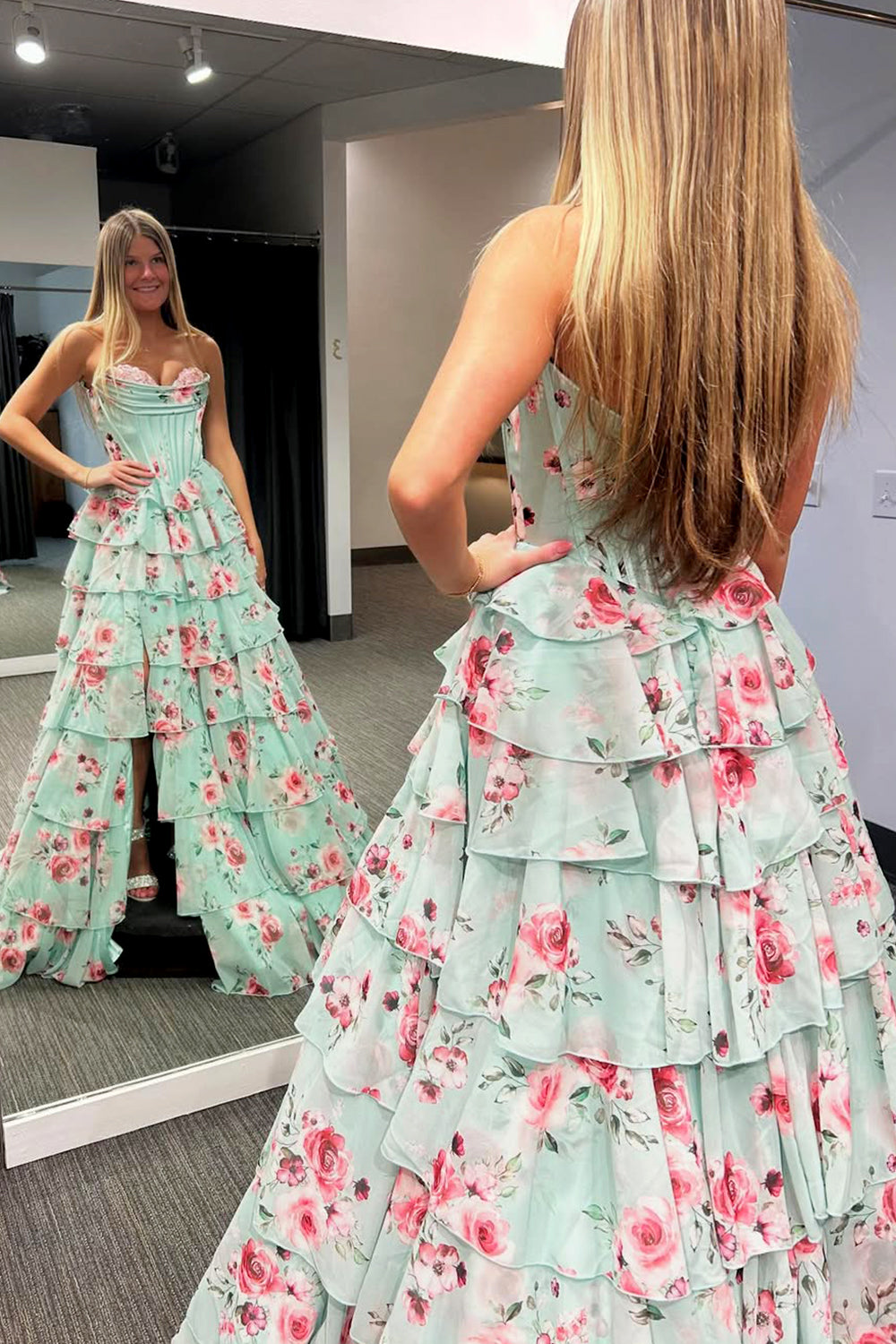 Mint Green Watercolor Floral Strapless Prom Dress with Sweetheart Tiered Chiffon Train