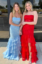 Mint Green Mermaid Strapless Lace Top Long Tiered Prom Dress