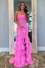 Mint Green Mermaid Strapless Lace Top Long Tiered Prom Dress