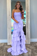 Mint Green Mermaid Strapless Lace Top Long Tiered Prom Dress