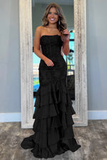 Mint Green Mermaid Strapless Lace Top Long Tiered Prom Dress