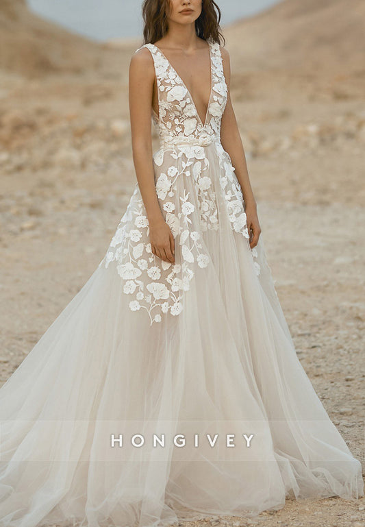 Low V-Neck Regular Straps Appliqued A-Line Tulle Court Train Wedding Dresses