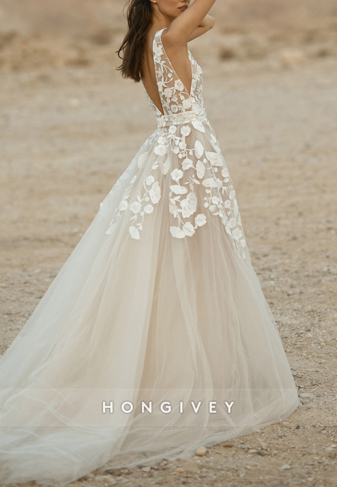 Low V-Neck Regular Straps Appliqued A-Line Tulle Court Train Wedding Dresses