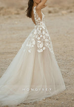 Low V-Neck Regular Straps Appliqued A-Line Tulle Court Train Wedding Dresses