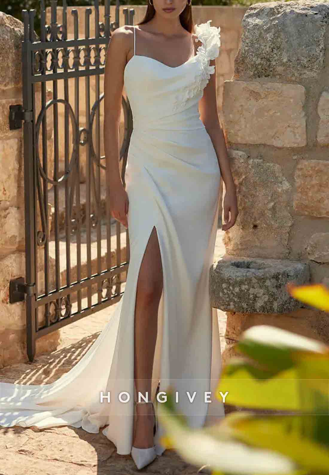 Spaghetti Straps Shoulder Flower Side Slit Pleated Low Back Wedding Dresses