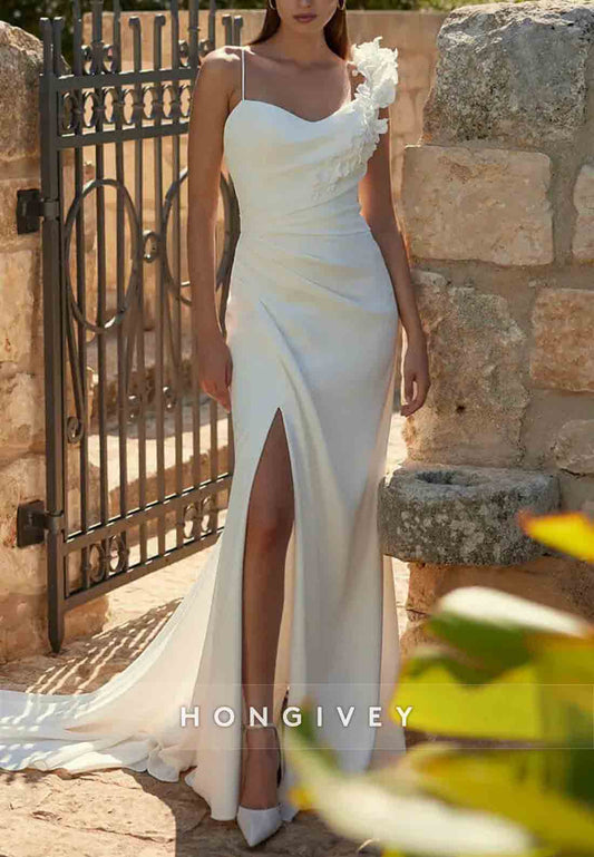 Spaghetti Straps Shoulder Flower Side Slit Pleated Low Back Wedding Dresses