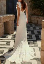 Spaghetti Straps Shoulder Flower Side Slit Pleated Low Back Wedding Dresses