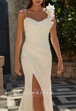 Spaghetti Straps Shoulder Flower Side Slit Pleated Low Back Wedding Dresses
