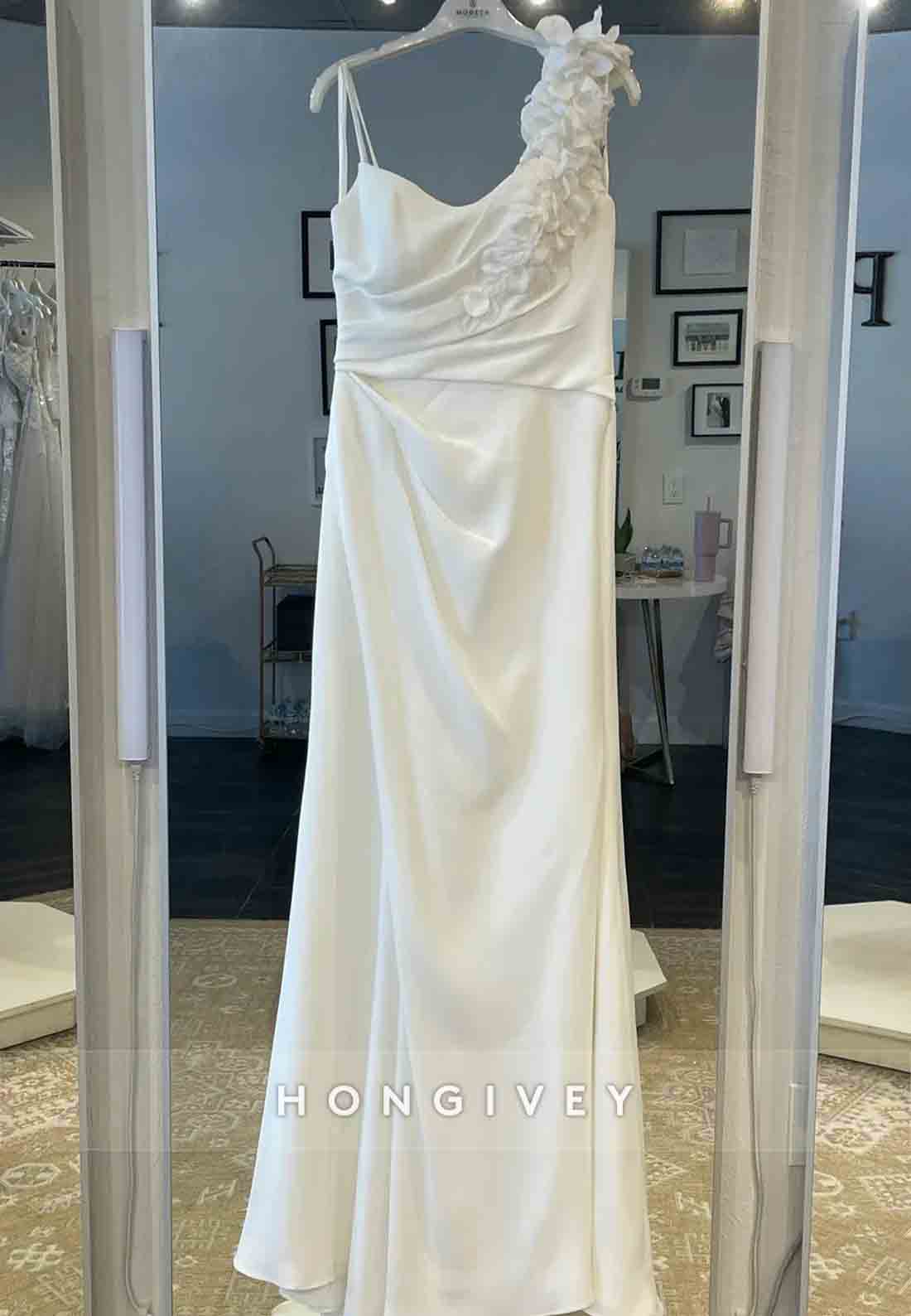 Spaghetti Straps Shoulder Flower Side Slit Pleated Low Back Wedding Dresses