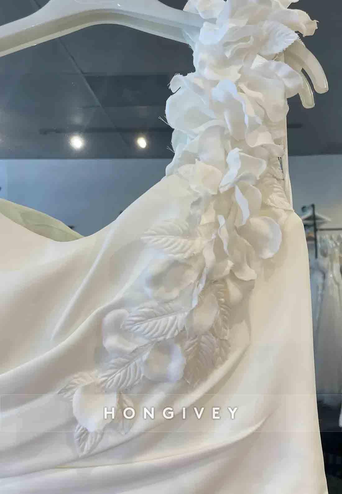 Spaghetti Straps Shoulder Flower Side Slit Pleated Low Back Wedding Dresses