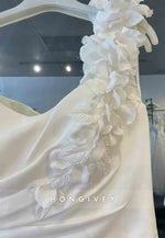 Spaghetti Straps Shoulder Flower Side Slit Pleated Low Back Wedding Dresses