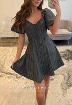 Modern A-Line Covered Button Short Pleated Homecoming Dress with Short Sleeves