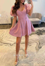 Modern A-Line Covered Button Short Pleated Homecoming Dress with Short Sleeves
