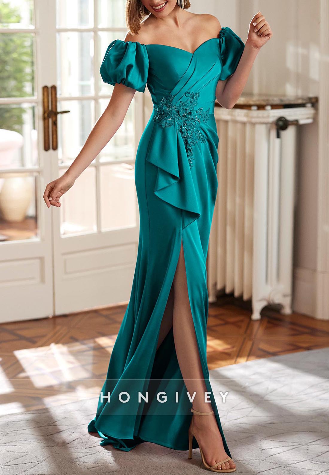 Appliques Lace Satin Off the Shoulder Evening Gown Side Slit Pleated Mother of the Bride