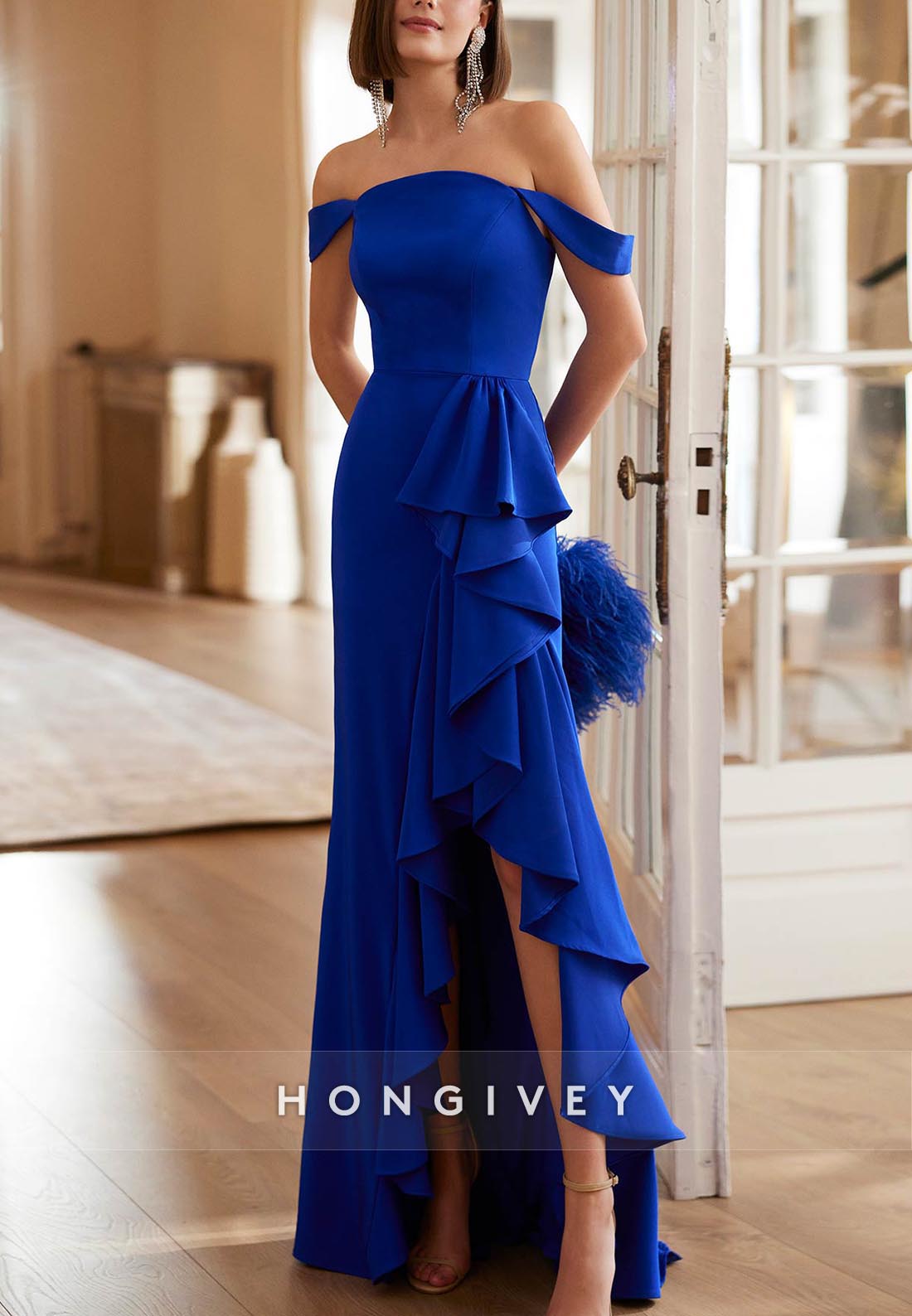Royal Blue Ruffles Asymmetrical Mother of Bride Off the Shoulder Pleated Evening Gown