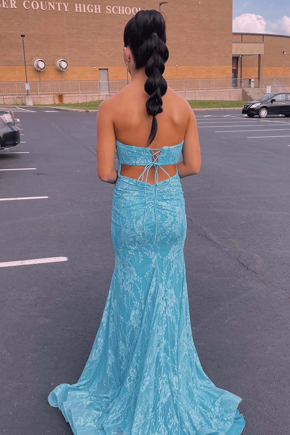 Modest Lace Strapless Empire Mermaid Party Prom Dress With Train
