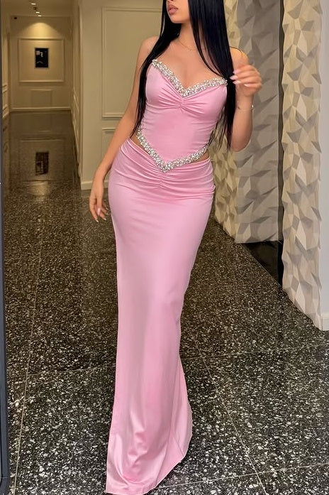 Modest Satin Ruched Empire Party Prom Dress With Beaded